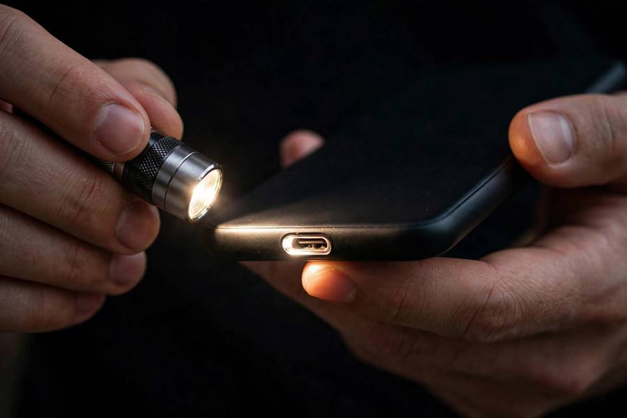 Inspecting a phone charging port with a flashlight