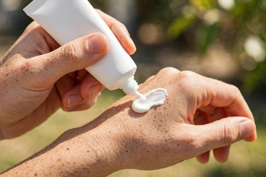Close-up of hands applying sunscreen from a simple tube, bright daylight, realistic lifestyle photo, photorealistic