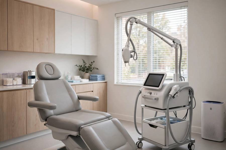 Dermatologist office treatment room with modern laser device, clean clinical interior, soft lighting, photorealistic