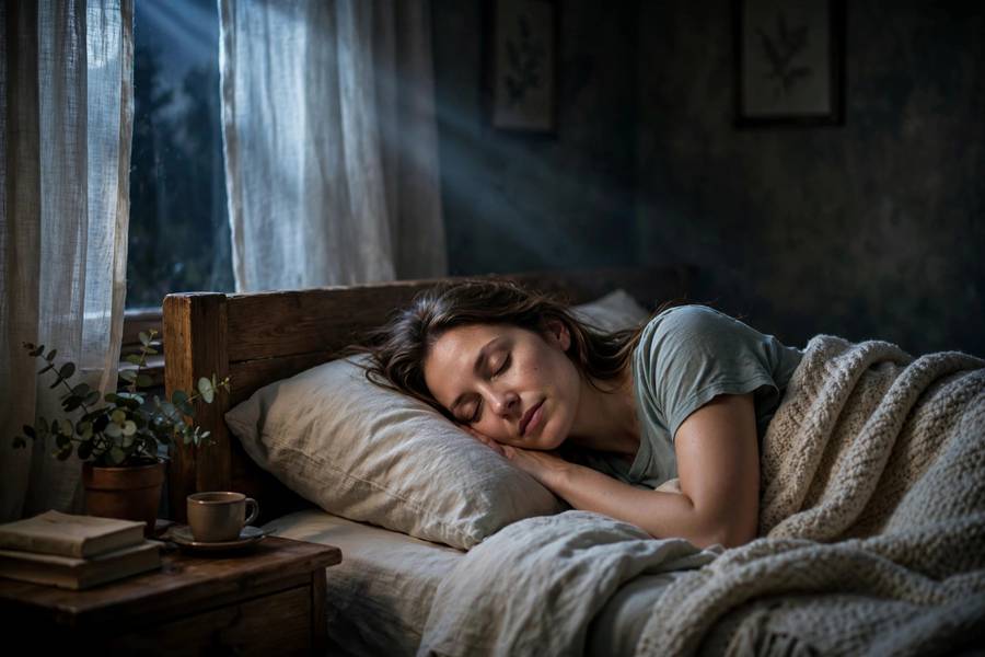 Woman sleeping peacefully in dark bedroom, serene night scene, realistic photography, no text