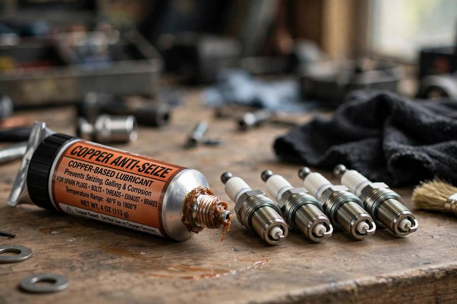 Copper anti-seize compound tube beside spark plugs on a workbench