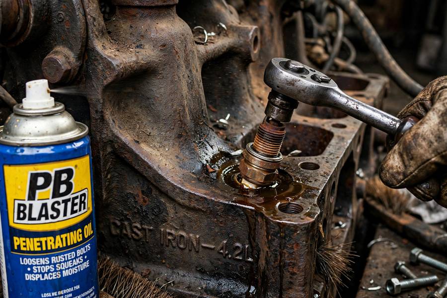 Seized spark plug in an old cast iron engine — when anti-seize would have helped