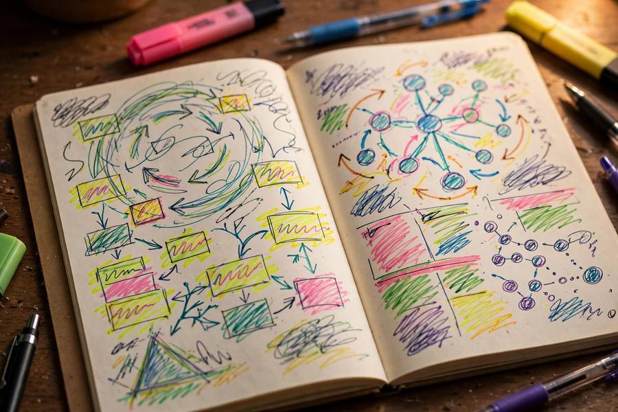 Color-coded handwritten study notes in a notebook