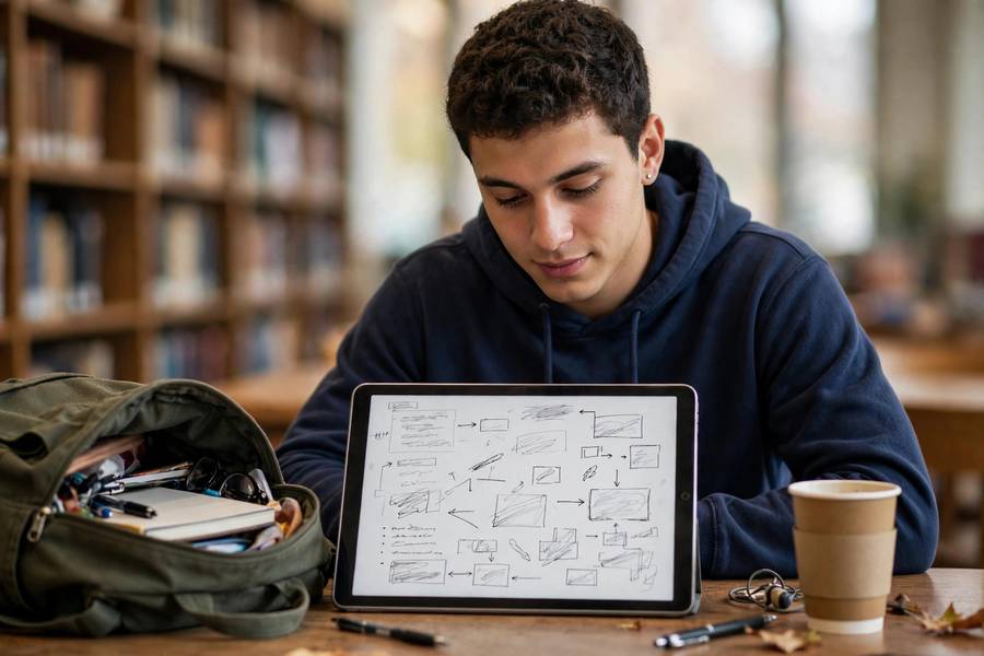 College student reviewing organized notes before an exam