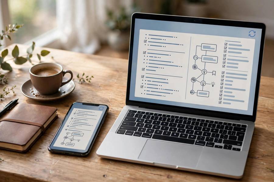 Phone and laptop showing synced study notes
