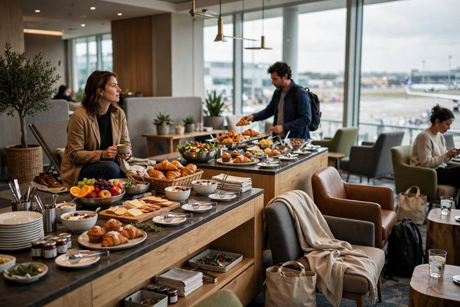 Airport lounge interior with buffet and seating