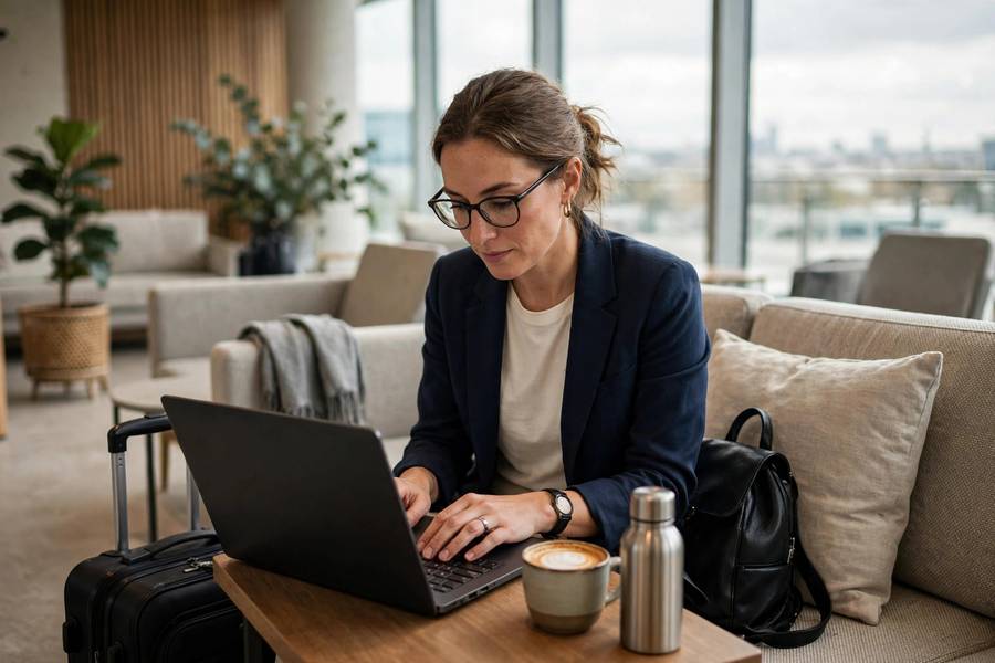 Business traveler working in quiet lounge area