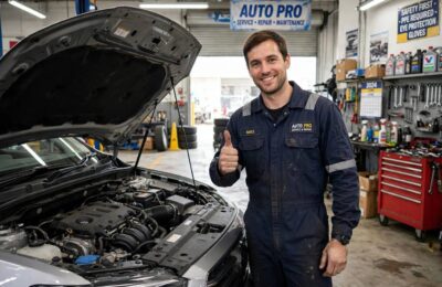 Mechanic giving a thumbs up beside a car with its hood open