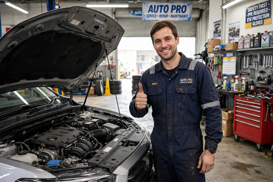 Mechanic giving a thumbs up beside a car with its hood open