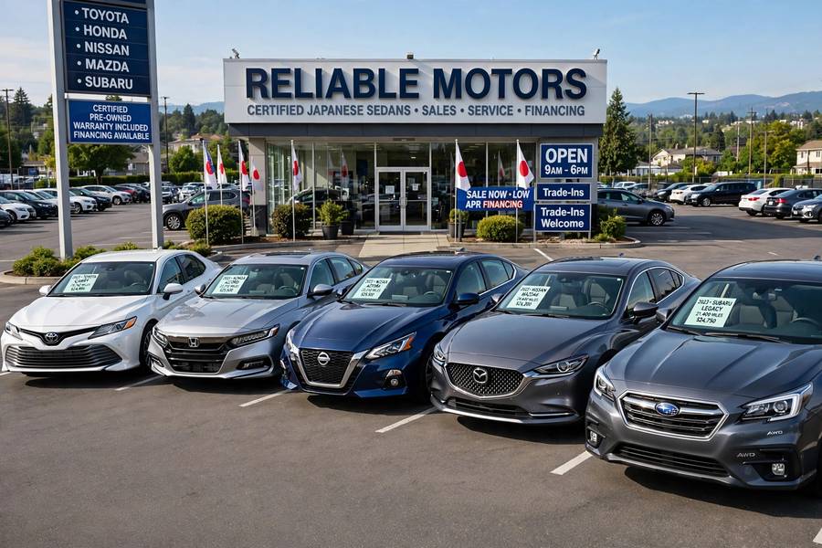 Row of reliable Japanese sedans parked in a dealership lot