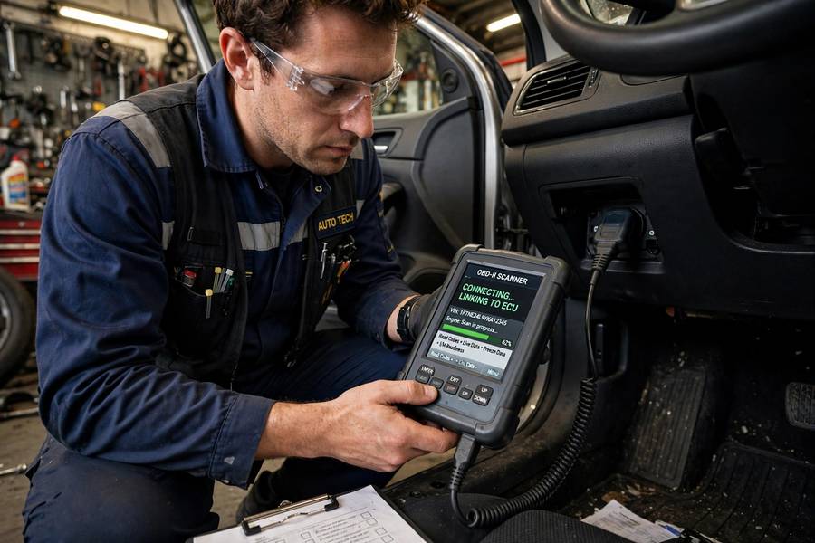 Technician running a diagnostic scan through a car's OBD port