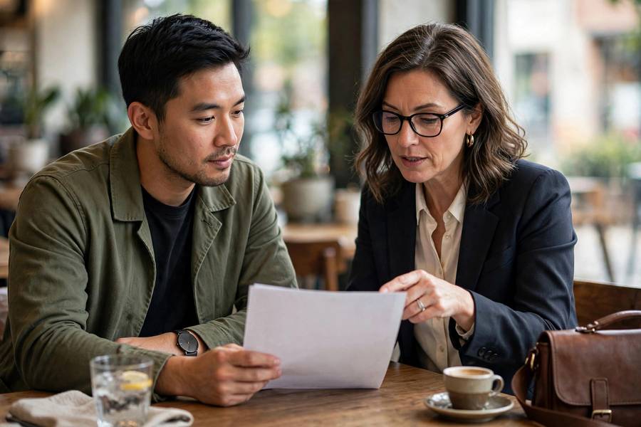 Entrepreneur reviewing franchise agreement with lawyer