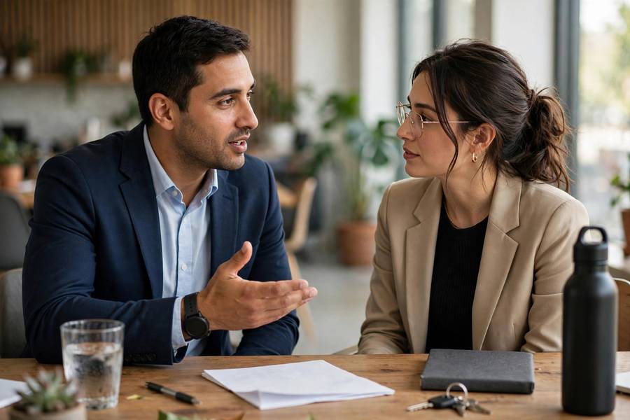 Two professionals discussing contract details