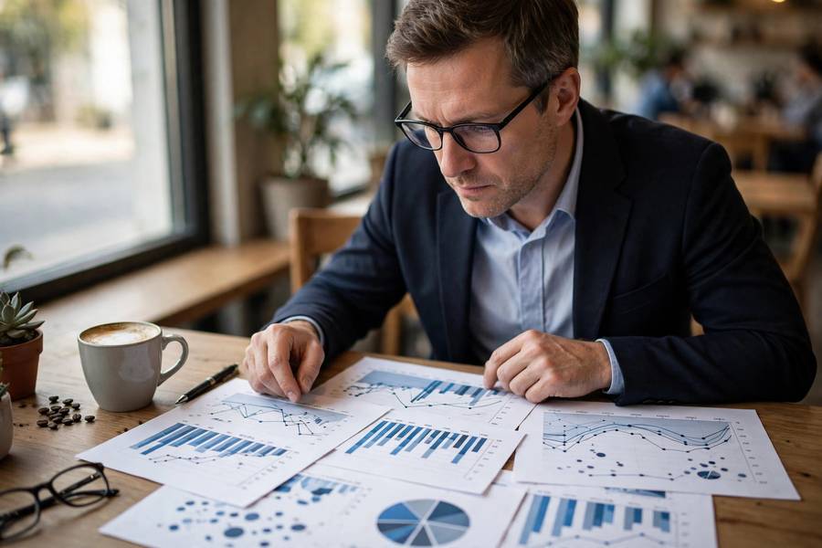 Investor analyzing franchise ROI charts and financial projections