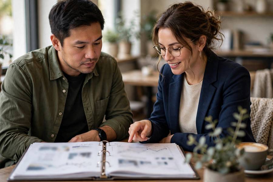 Business owner reviewing investment portfolio with financial advisor
