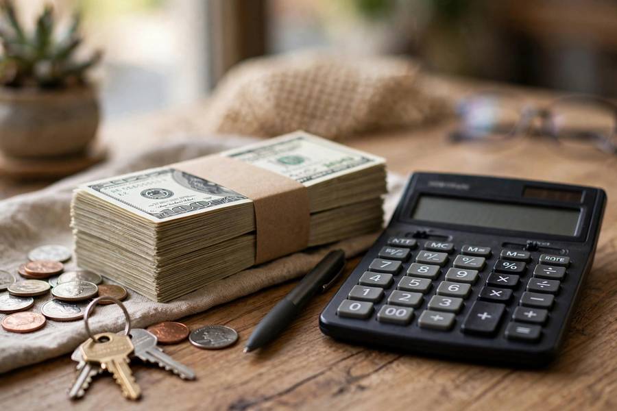 Stack of money and calculator representing franchise investment returns