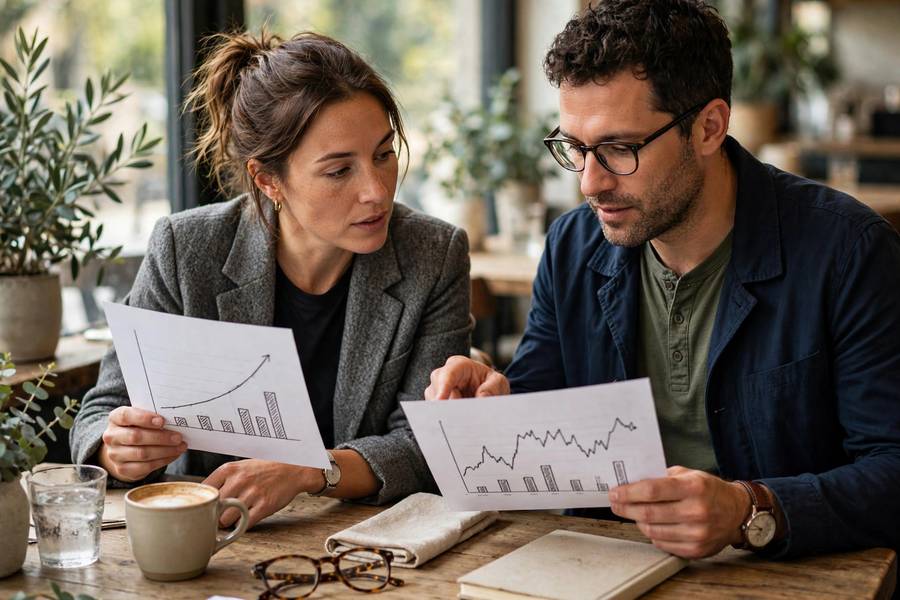 Two entrepreneurs comparing franchise vs stock market charts