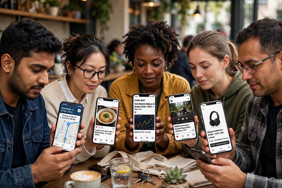 Diverse people seeing different personalized content on their phones