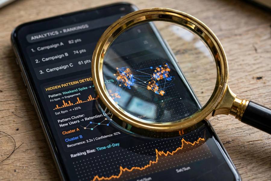 Magnifying glass revealing hidden patterns in recommendation rankings