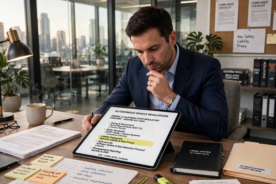 Lawyer reviewing regulations on a tablet for are self driving cars legal