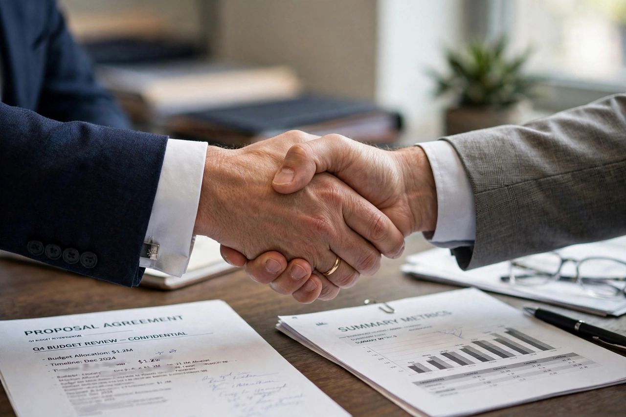Handshake close-up over a desk in an office