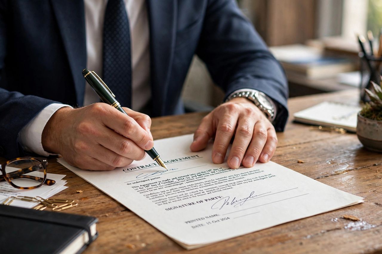 Person signing a written contract with a fountain pen