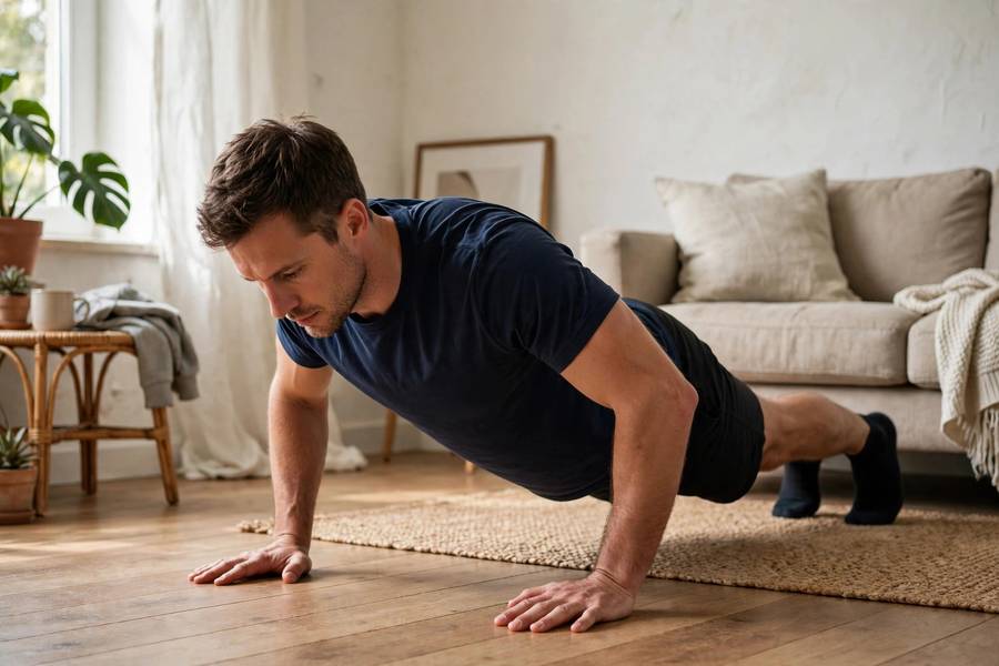 Man doing push-ups at home as a bodyweight arm exercise