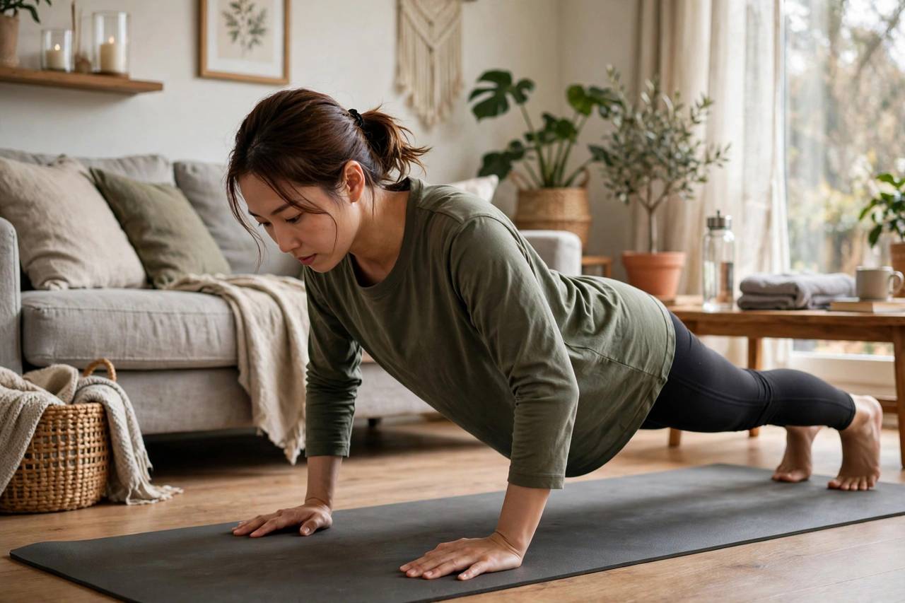 Person doing bodyweight arm workout in a living room