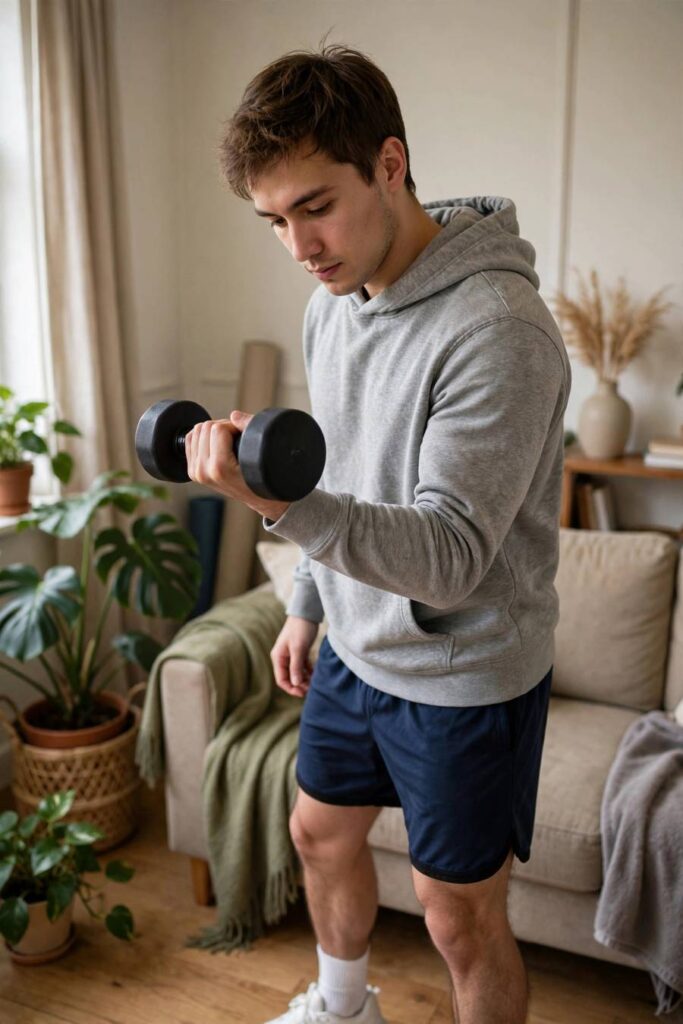Beginner doing dumbbell bicep curls with light weights