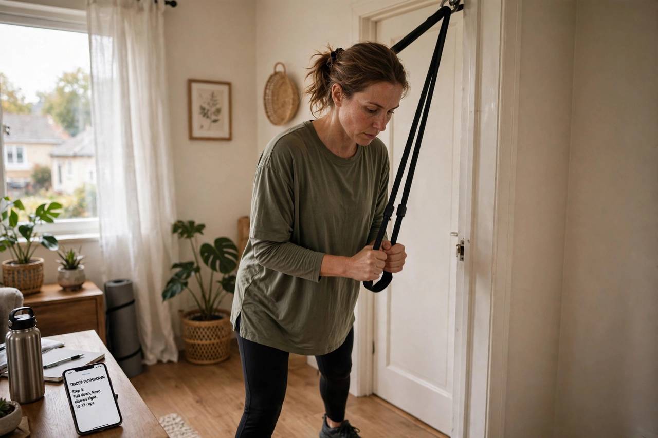 Woman learning tricep pushdowns with a resistance band