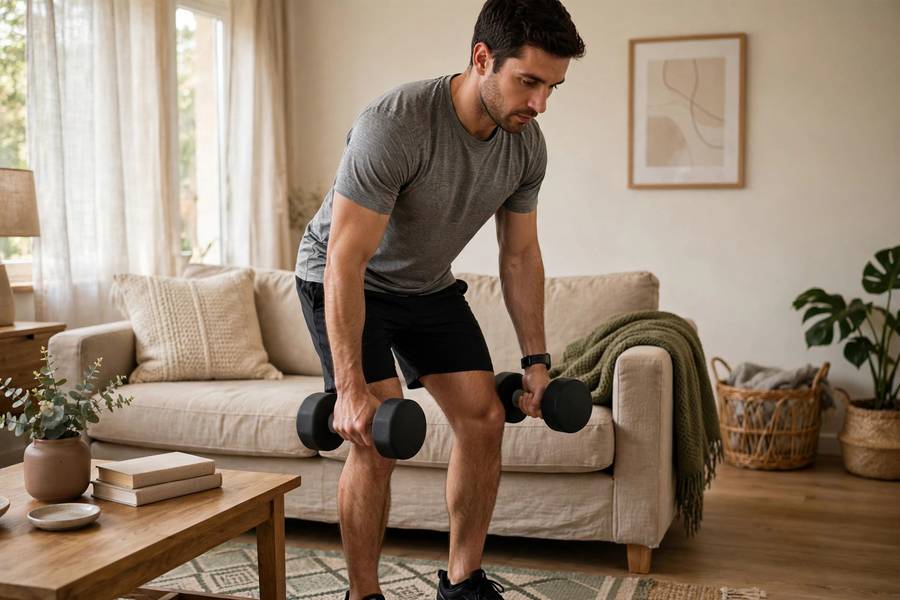 Man doing his first arm workout with dumbbells at home
