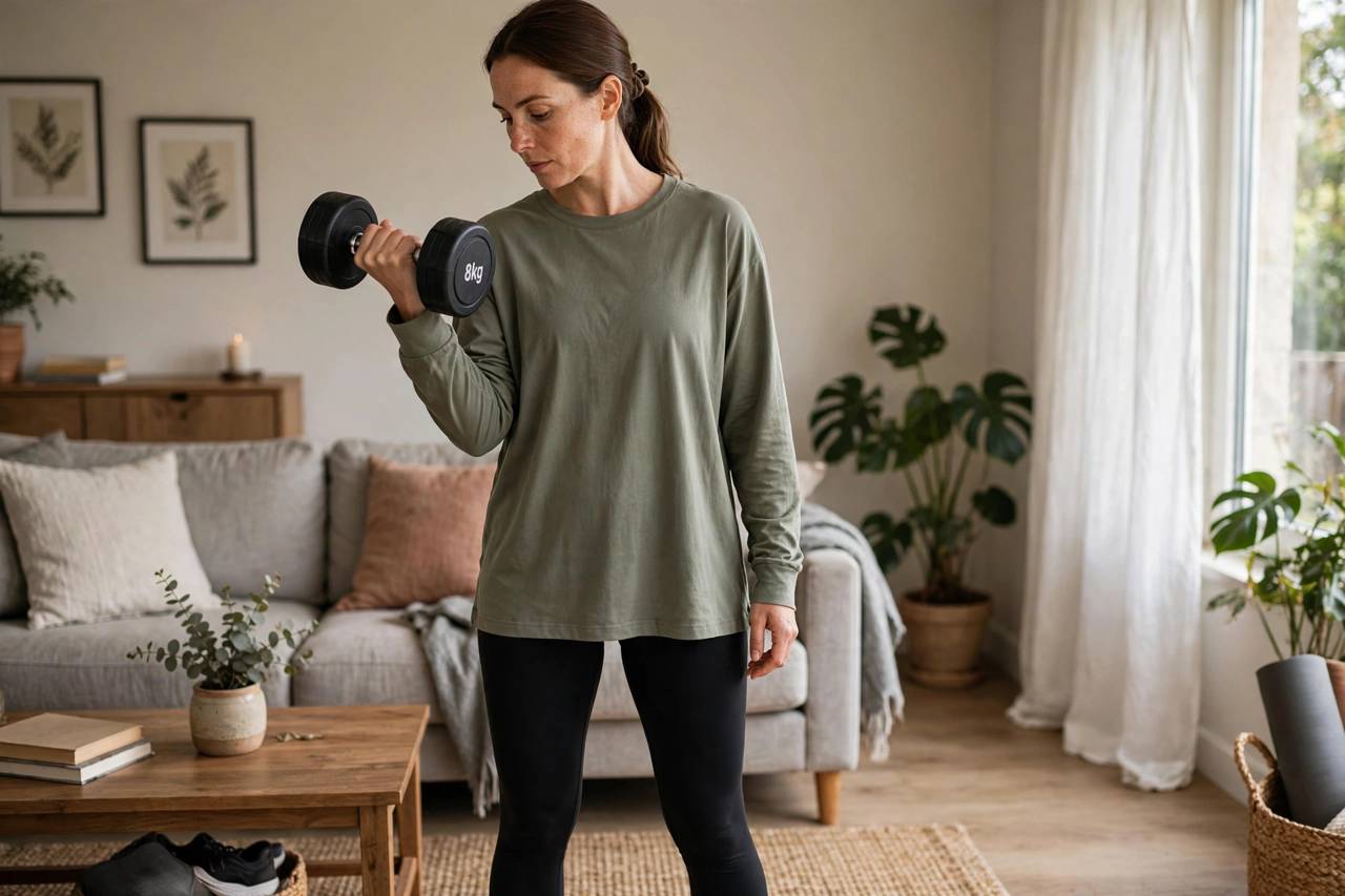 Woman doing bicep curls with proper form at home