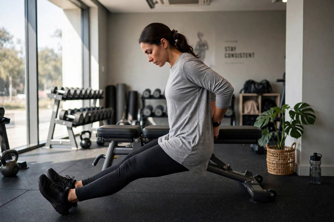 Woman doing tricep dips on a bench at the gym