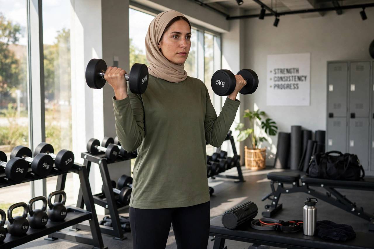 Woman doing a complete arm workout with dumbbells