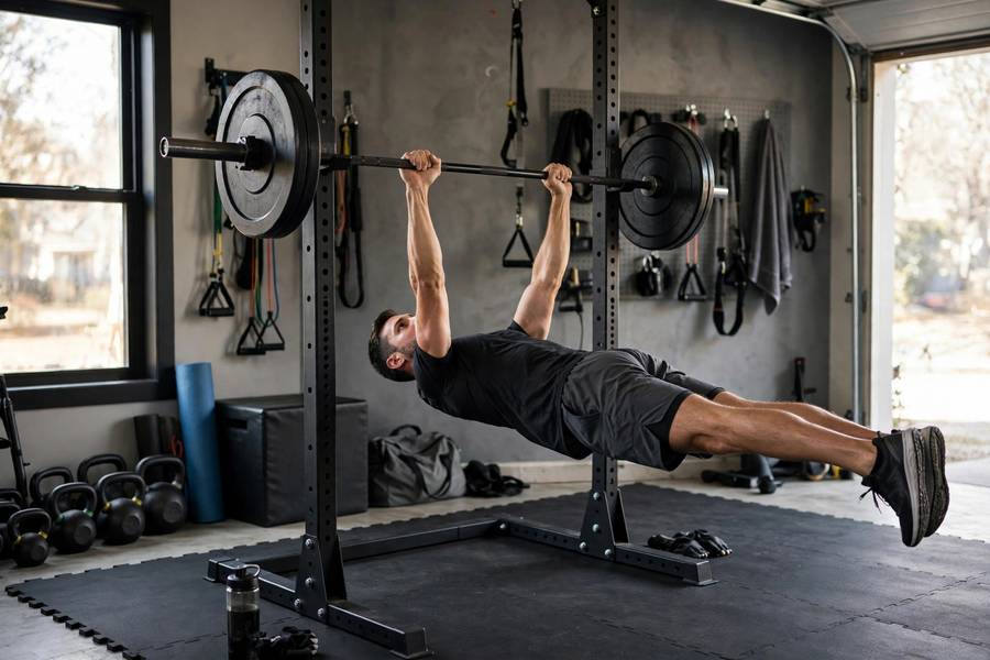 Man performing inverted rows under a barbell in a squat rack in a garage gym