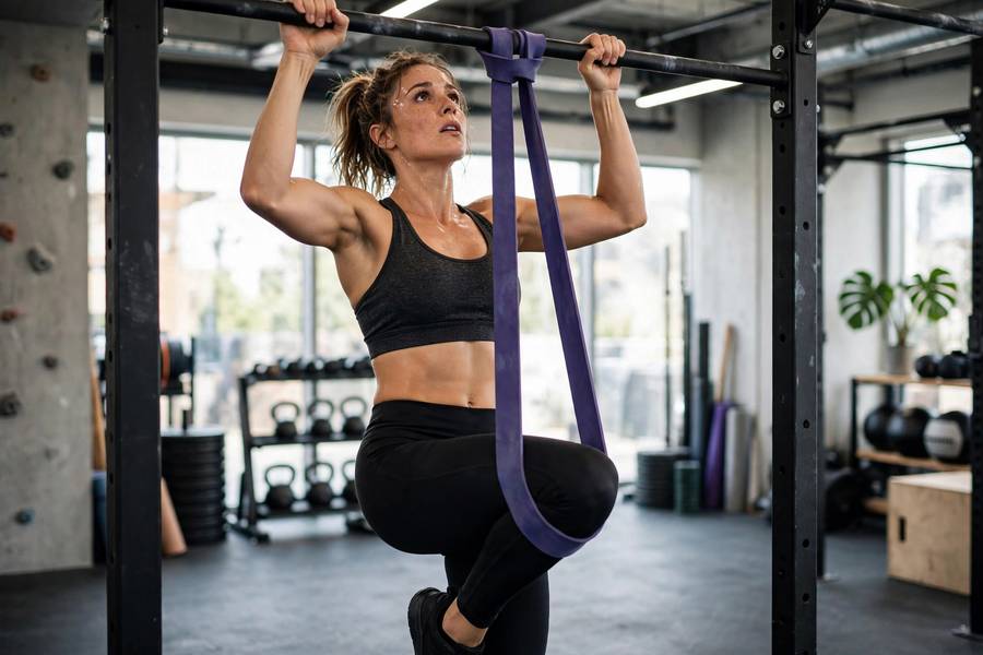 Woman doing a band-assisted pull-up with a resistance band looped over the bar