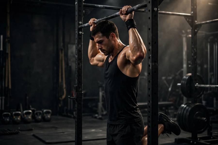 Athlete lowering slowly from the top of a pull-up bar during an eccentric rep