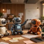 AutoGen AI Agents: Microsoft's Conversational Multi-Agent Framework Multiple AutoGen AI agents collaborating around a table like a team meeting