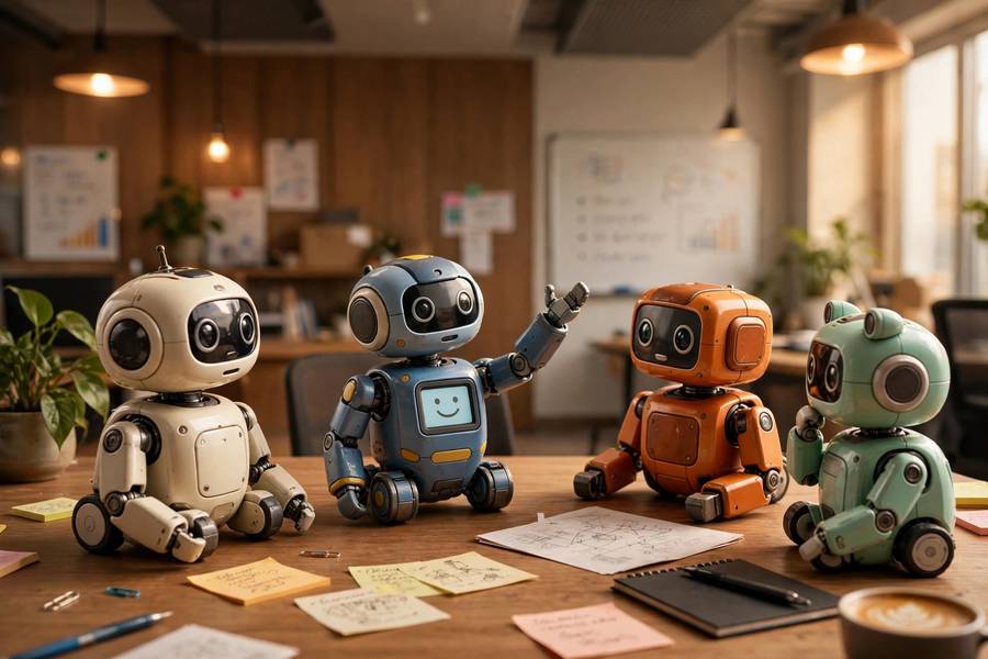 Multiple AutoGen AI agents collaborating around a table like a team meeting