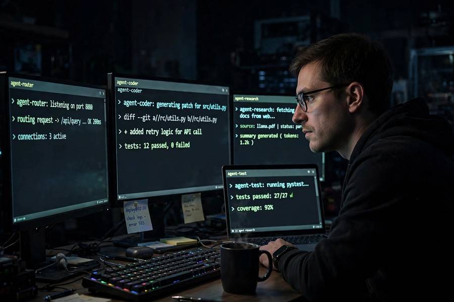 Developer monitoring several AutoGen agents working in parallel terminal windows