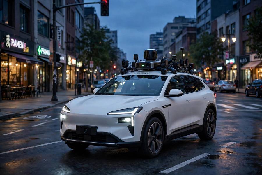 Autonomous vehicle with roof sensors driving at dusk, autonomous vehicles explained
