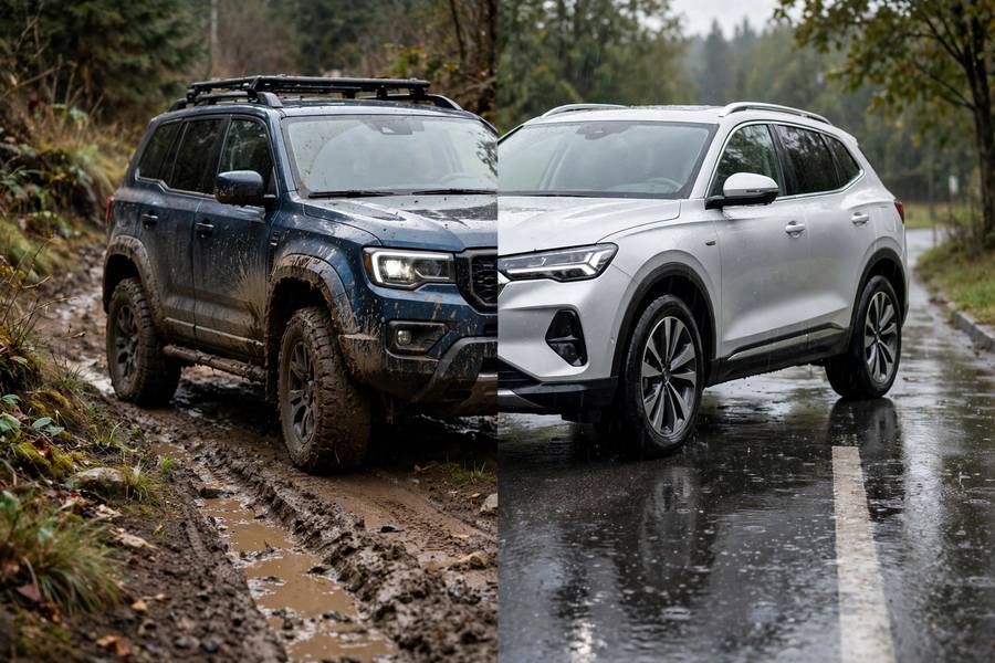 AWD vs 4WD comparison: SUVs on different terrains showing each system's strengths