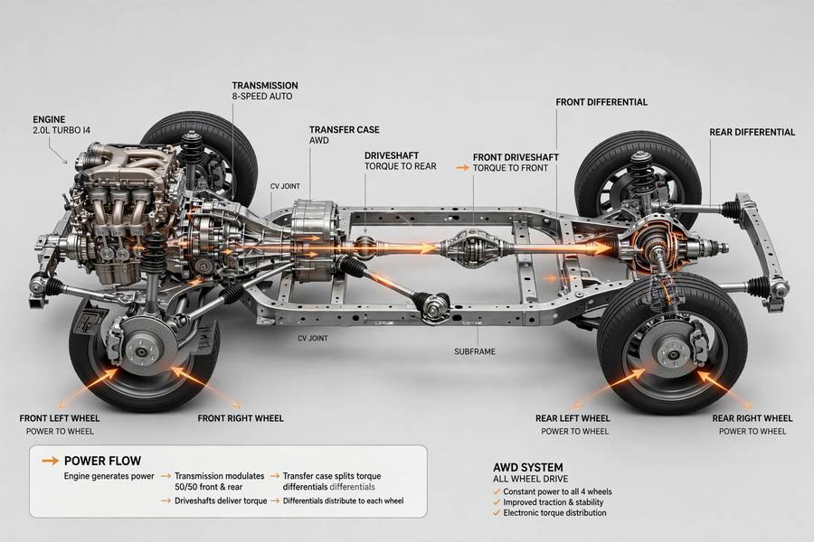 Drivetrain cutaway illustrating the mechanical differences in AWD vs 4WD systems