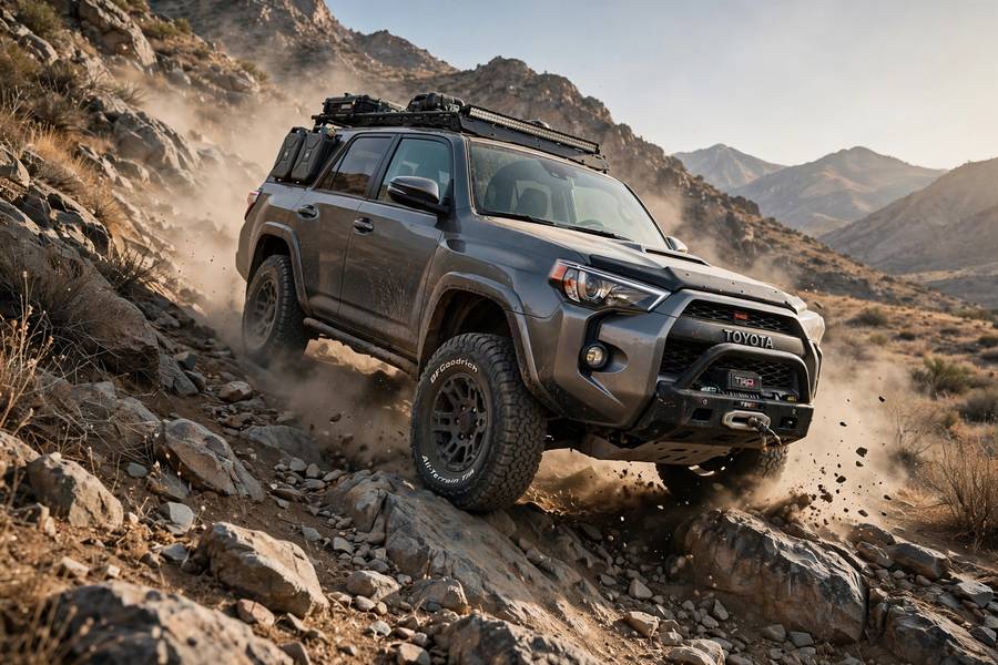 4WD truck tackling rocky terrain, where 4WD outperforms AWD