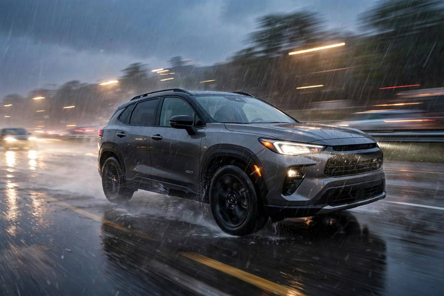AWD crossover on a wet highway, the scenario where AWD vs 4WD favors all-wheel drive