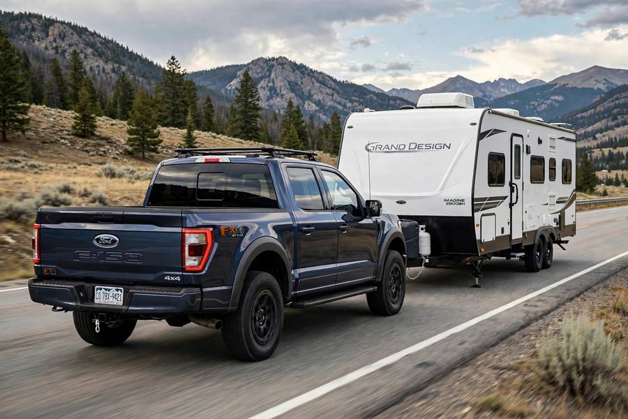 4WD truck towing a travel trailer, comparing AWD vs 4WD for towing