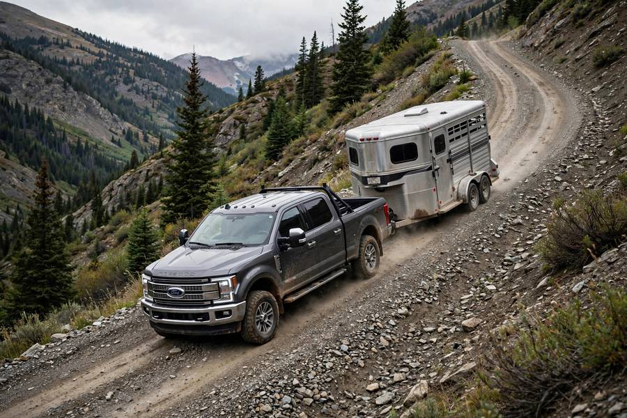 Truck towing a heavy trailer up a steep grade in low range