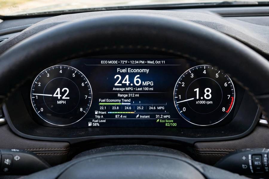 Dashboard fuel economy display showing MPG affected by AWD vs 4WD fuel economy