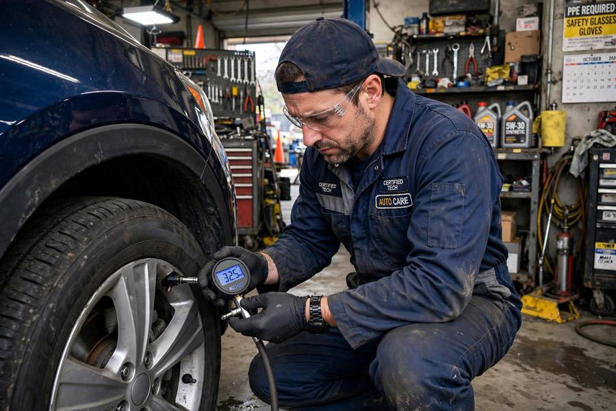 Mechanic checking tire pressure, a key factor in AWD vs 4WD fuel economy