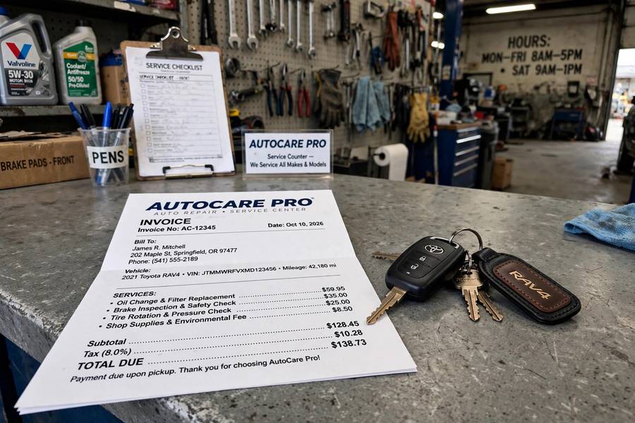 Repair invoice showing AWD vs 4WD maintenance costs at a shop counter